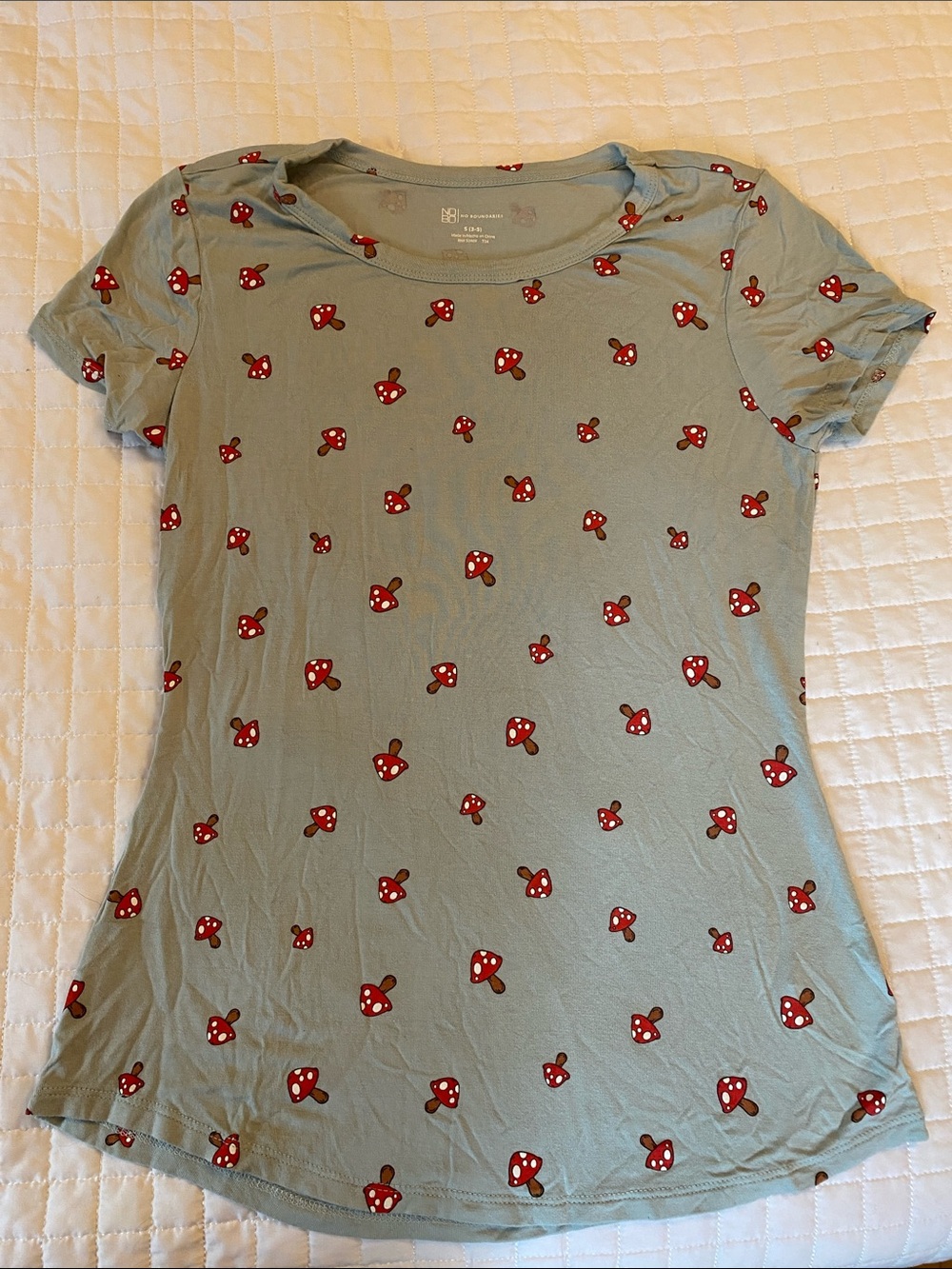 No Boundaries Sage Green Short Sleeve Tee with Red Mushroom Print